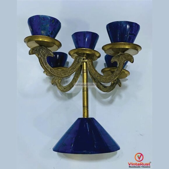 Lapis Stone Candle Holder, Vintage Lapis & Brass Candle Holder, Elegant 5-Light - Picture 4 of 6